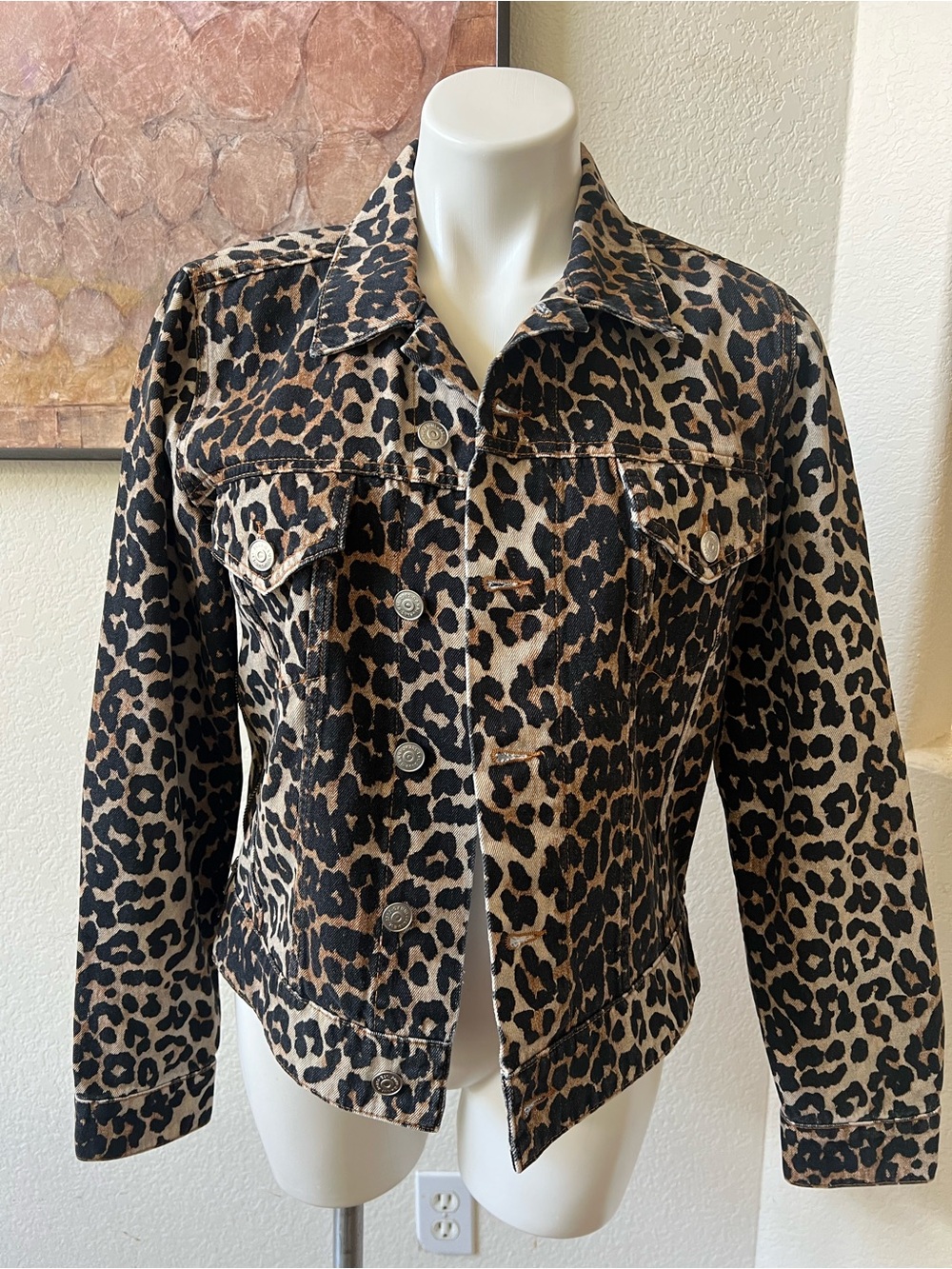 Ganni Leopard-Print Denim Jacket in Beige and Black